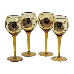 Amber Gold Floral Wine Glasses set-4 vtg Czech topaz Mid-Century cocktail glass